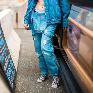 Blue denim overalls